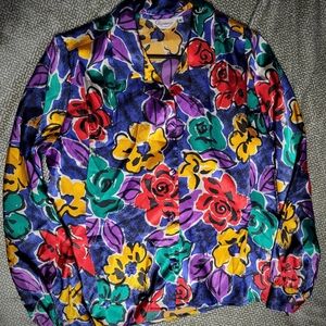 Vintage Alexandria Floral Satin Blouse | Size 8 | Bold Retro Print
